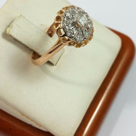 Exquisite 14K Karat 585 Stamp Solid Two Tone Multi Color Gold Ring with Diamonds - Picture 6 of 12